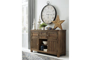 Moriville Grayish Brown Counter Height Dining Table, 4 Barstools and Server -  Ashley - Lara Furniture