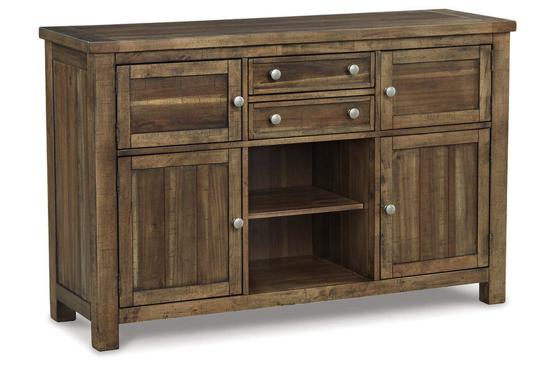 Moriville Grayish Brown Counter Height Dining Table, 4 Barstools and Server -  Ashley - Lara Furniture