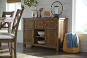 Moriville Grayish Brown Counter Height Dining Table with 4 Barstools, Bench, and Server -  Ashley - Lara Furniture