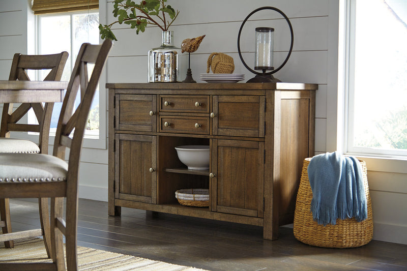 Moriville Grayish Brown Counter Height Dining Table with 4 Barstools, Bench, and Server -  Ashley - Lara Furniture
