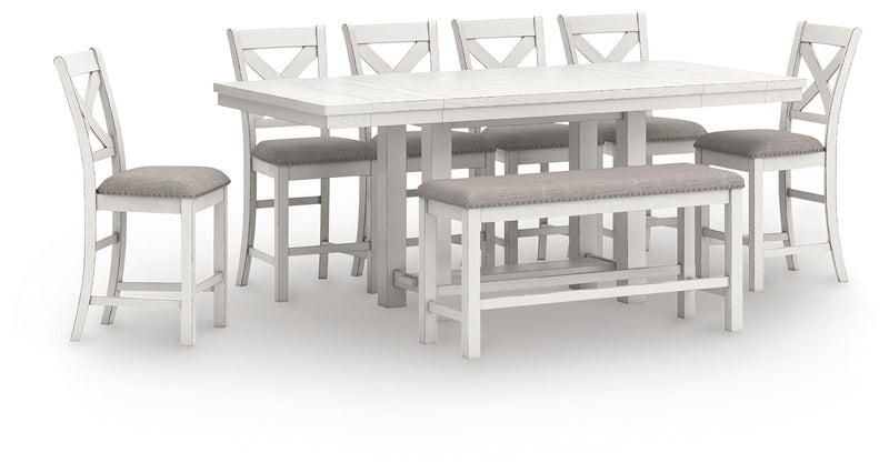Robbinsdale Antique White Counter Height Extension Dining Table, 6 Barstools and Bench from Ashley - Lara Furniture