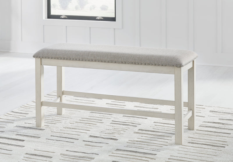 Robbinsdale Antique White Counter Height Extension Dining Table, 6 Barstools and Bench from Ashley - Lara Furniture