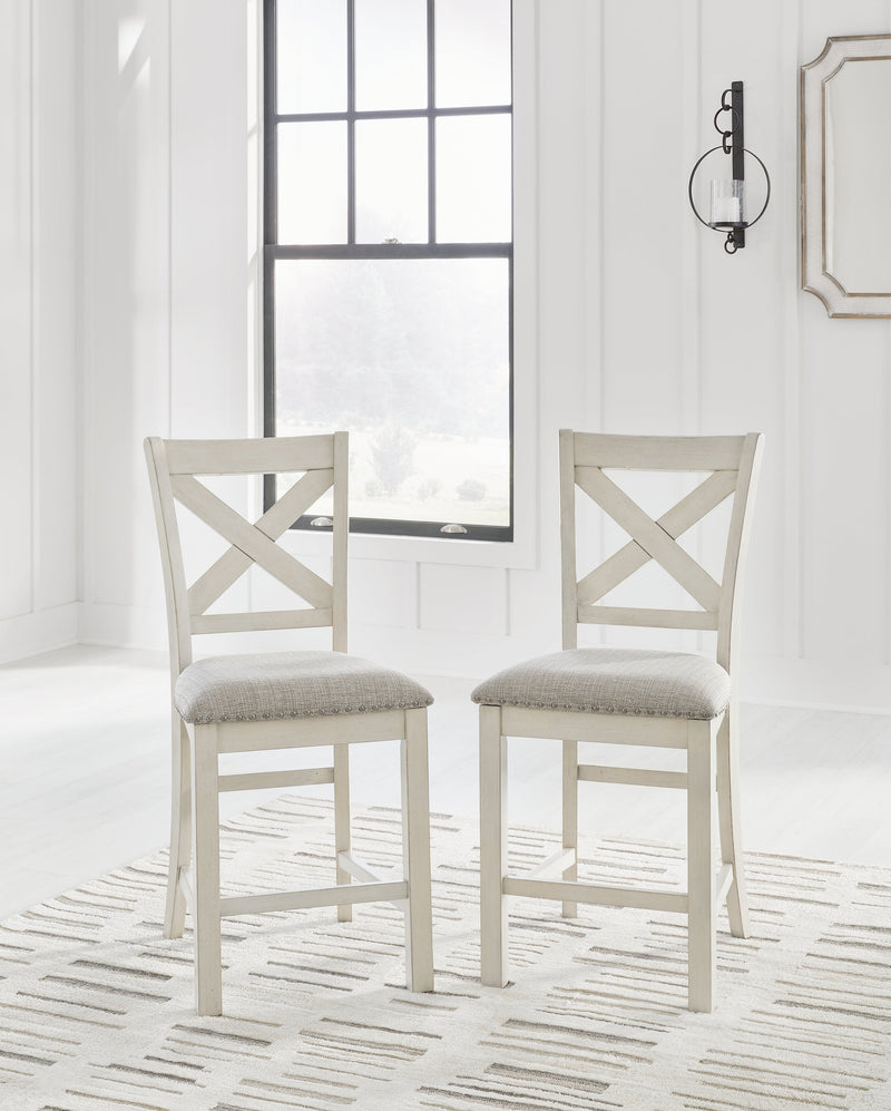 Robbinsdale Antique White Counter Height Extension Dining Table, 6 Barstools and Bench from Ashley - Lara Furniture