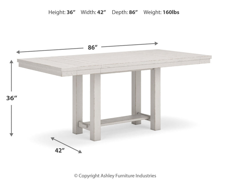 Robbinsdale Antique White Counter Height Extension Dining Table, 6 Barstools and Bench from Ashley - Lara Furniture