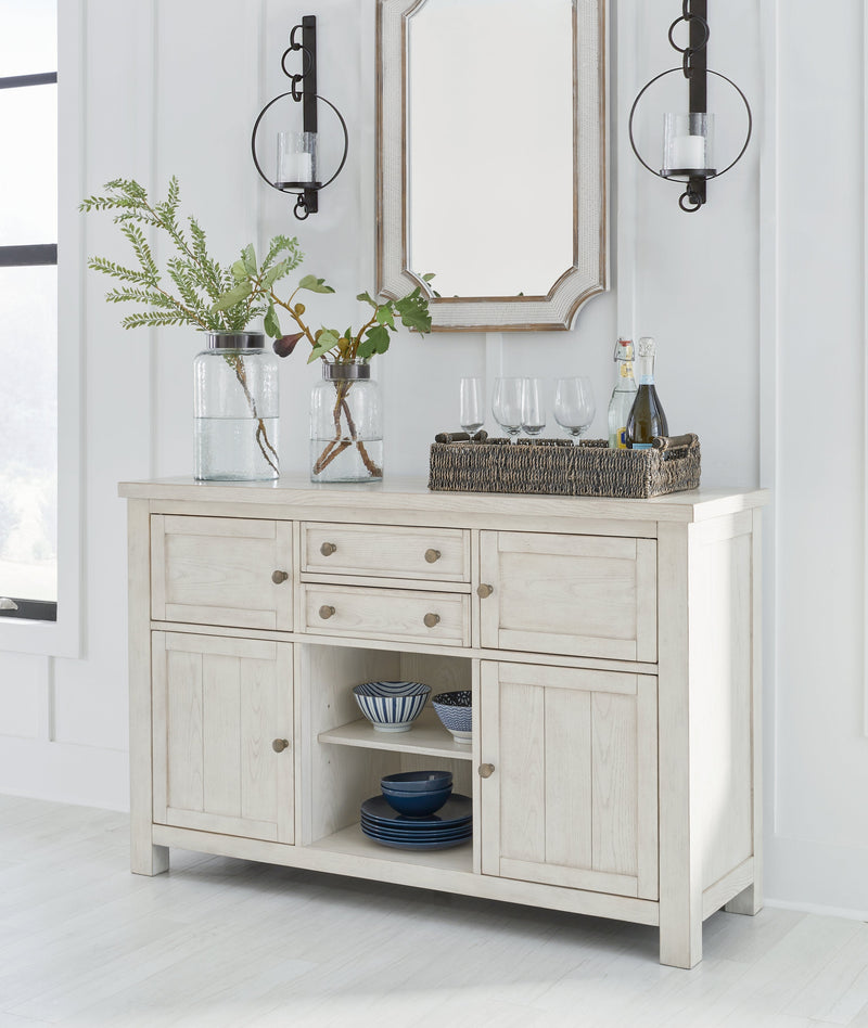 Robbinsdale Antique White Counter Height Dining Table and 6 Barstools and Bench with Storage from Ashley - Lara Furniture