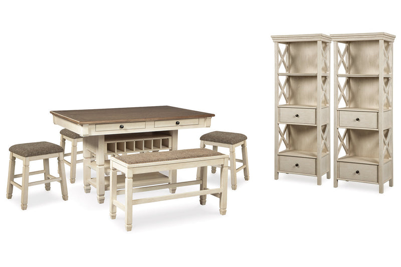 Bolanburg Antique White Counter Height Dining Table, 4 Stools, Bench and 2 Display Cabinets -  Ashley - Lara Furniture