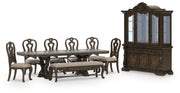 Maylee Dining Table and 6 Chairs and Bench with Storage in Dark Brown from Ashley - Lara Furniture