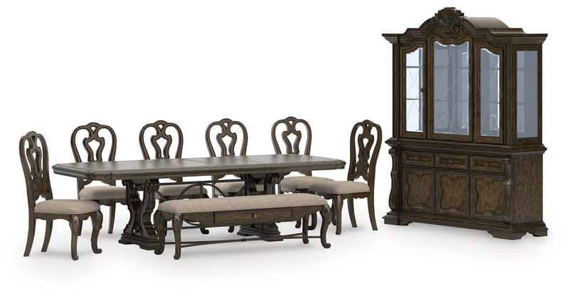 Maylee Dining Table and 6 Chairs and Bench with Storage in Dark Brown from Ashley - Lara Furniture