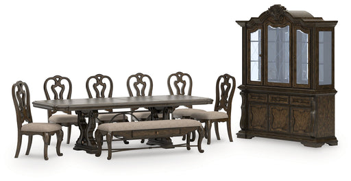 Maylee Dining Table and 6 Chairs and Bench with Storage in Dark Brown from Ashley - Lara Furniture