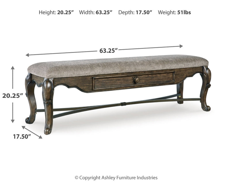Maylee Dining Table and 6 Chairs and Bench with Storage in Dark Brown from Ashley - Lara Furniture