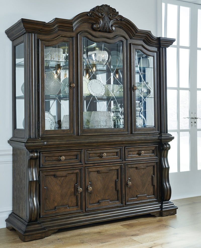 Maylee Dining Table and 6 Chairs and Bench with Storage in Dark Brown from Ashley - Lara Furniture
