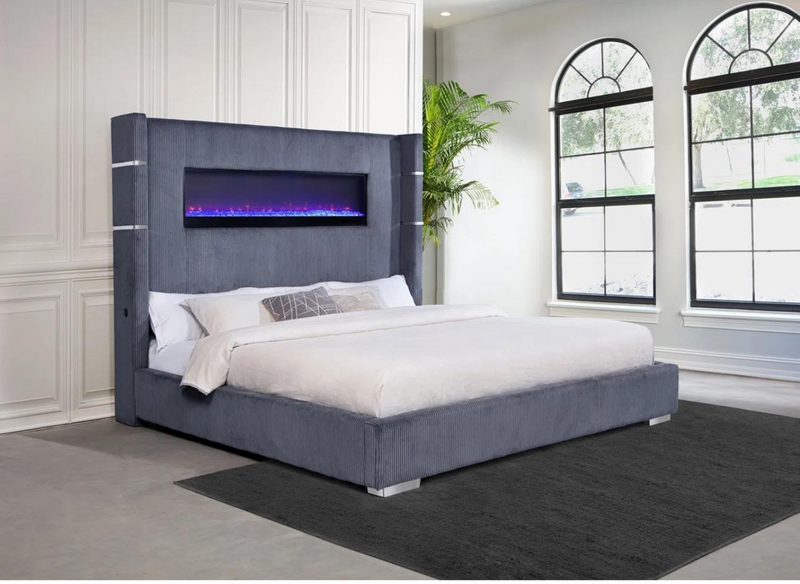 Villas Gray King Bed W/ Fireplace insert