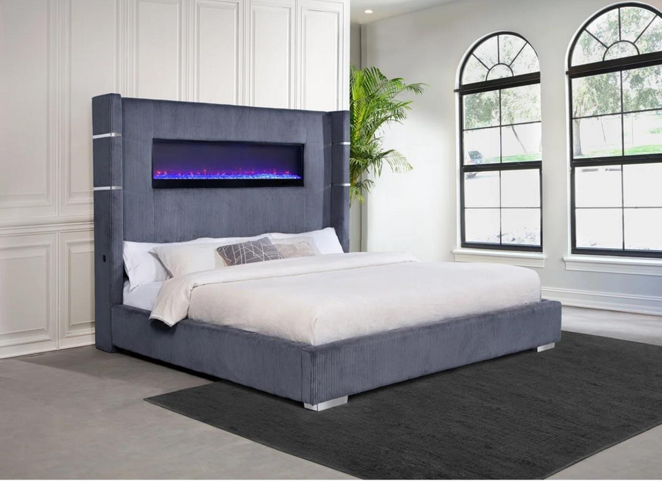 Villas Gray Queen Bed W/ Fireplace insert