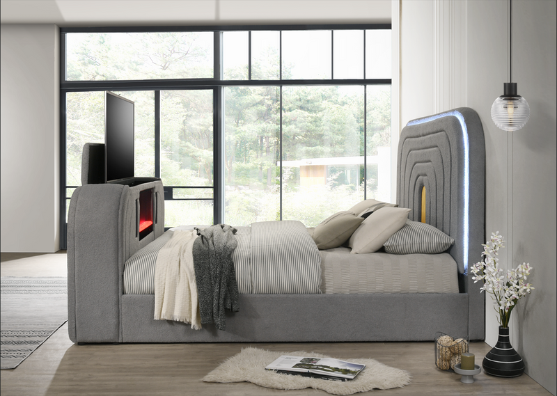 Evalyn Gray King TV Fireplace Bed