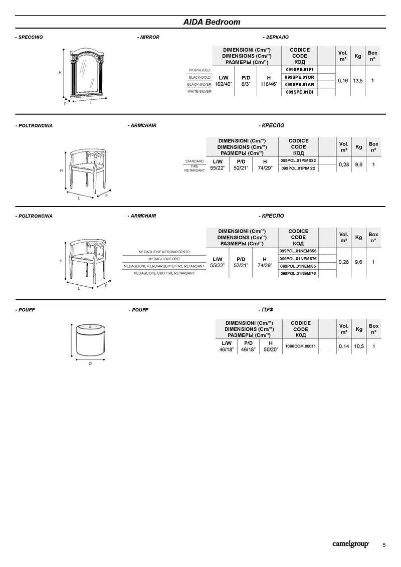 Aida Bedroom, White W/Silver, Camelgroup Italy Set - Lara Furniture