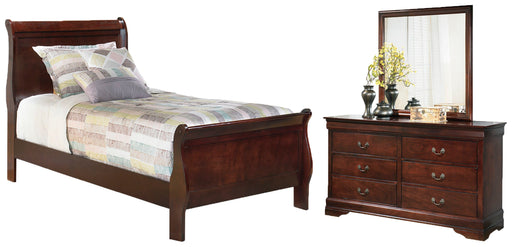 Alisdair Twin Sleigh Bed with Mirrored Dresser in Reddish Brown - PKG000532