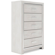 Altyra King Panel Bed with Mirrored Dresser, Chest and Nightstand in White - PKG009428