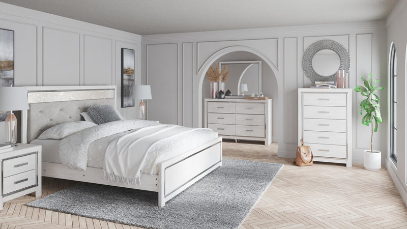 Altyra King Panel Bed with Mirrored Dresser, Chest and Nightstand in White - PKG009428