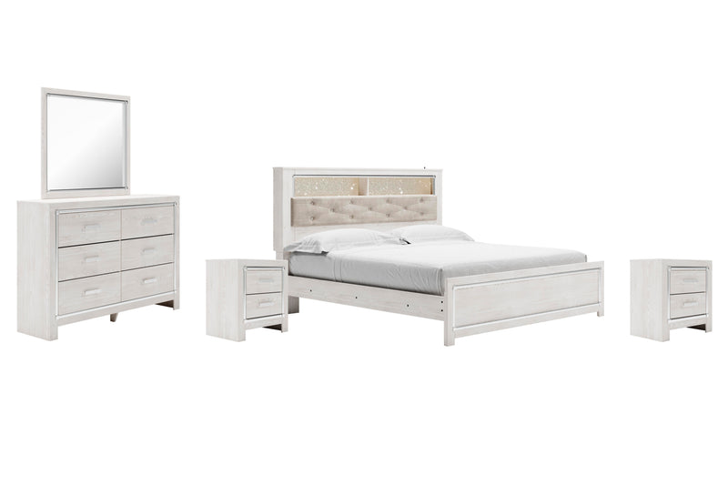 Altyra King Panel Bookcase Bed with Mirrored Dresser and 2 Nightstands in White - PKG009438