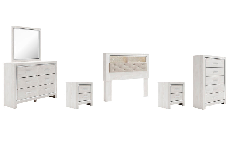 Altyra Queen Bookcase Headboard Bed with Mirrored Dresser, Chest and 2 Nightstands in White - PKG009483