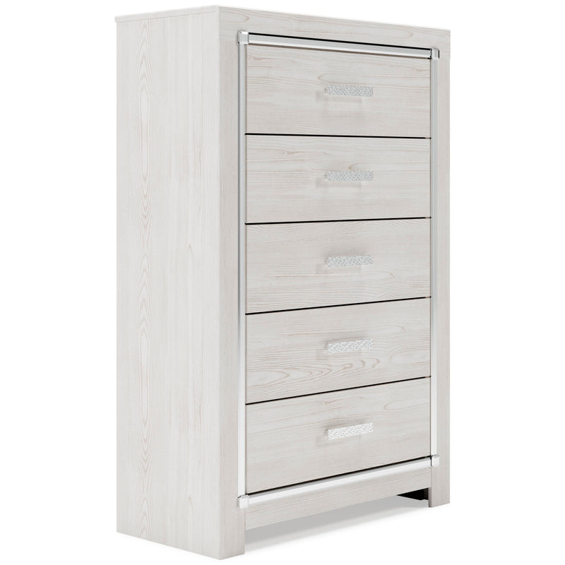 Altyra Queen Bookcase Headboard Bed with Mirrored Dresser, Chest and 2 Nightstands in White - PKG009483