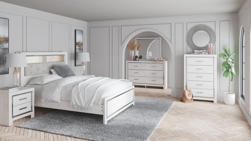 Altyra Queen Bookcase Headboard Bed with Mirrored Dresser, Chest and 2 Nightstands in White - PKG009483