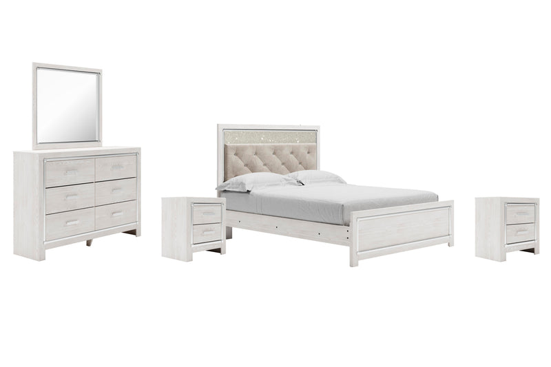 Altyra Queen Panel Bed with Mirrored Dresser and 2 Nightstands in White - PKG009420