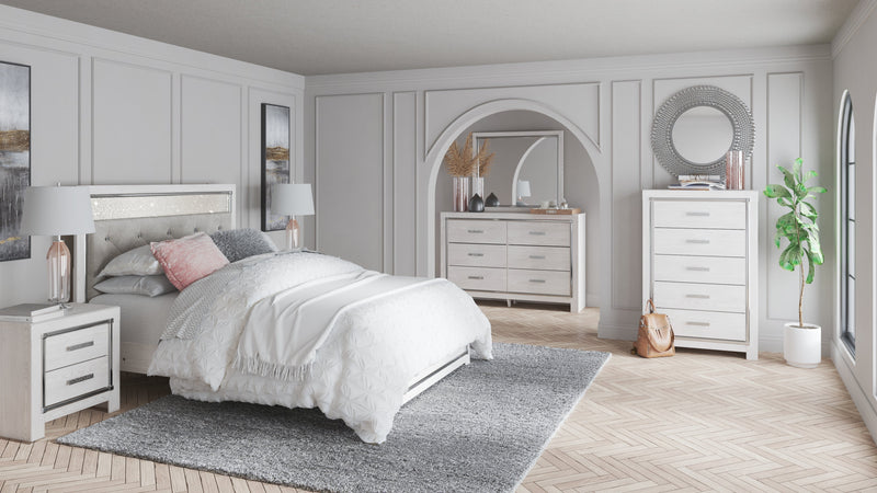 Altyra Queen Panel Bed with Mirrored Dresser, Chest and Nightstand in White from Ashley - Lara Furniture