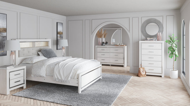 Altyra Queen Panel Bookcase Bed with Mirrored Dresser, Chest and 2 Nightstands in White from Ashley - Lara Furniture
