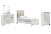 Altyra Twin Panel Bed with Mirrored Dresser and Chest in White - PKG009445