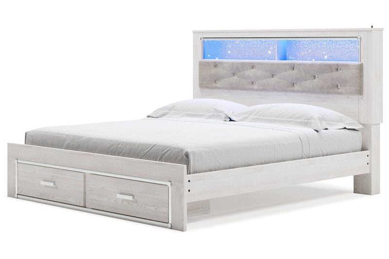 Altyra White King Upholstered Bookcase Bed with Storage - Lara FurnitureKing Bed