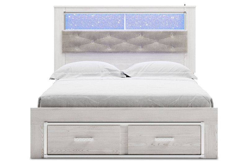 Altyra White Queen Upholstered Platform Bookcase Bed with Storage - Lara FurnitureQueen Bed