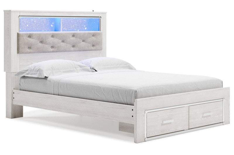 Altyra White Queen Upholstered Platform Bookcase Bed with Storage - Lara FurnitureQueen Bed