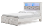 Altyra White Queen Upholstered Platform Bookcase Bed with Storage - Lara FurnitureQueen Bed