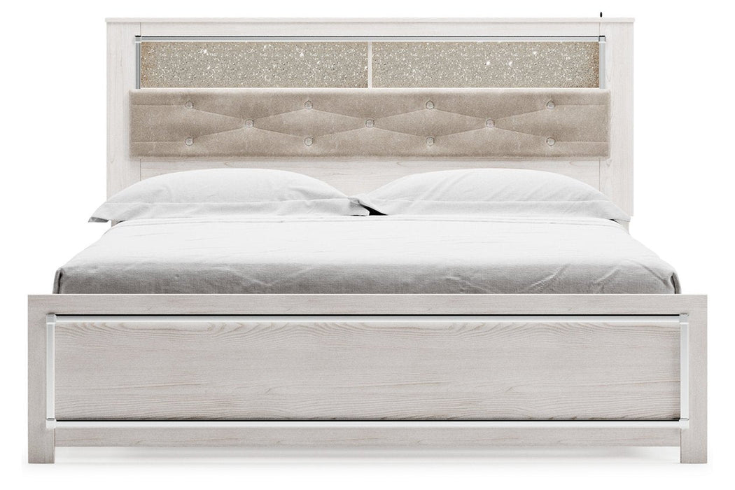 Altyra White Upholstered Bookcase LED King Panel Bed - Gate FurnitureKing Bed