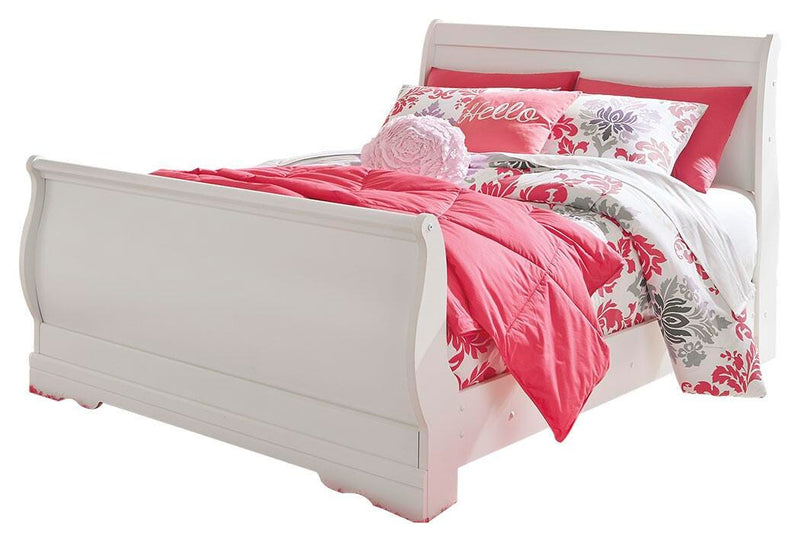 Anarasia Full Sleigh Bed with Mirrored Dresser and Chest in White - PKG002586