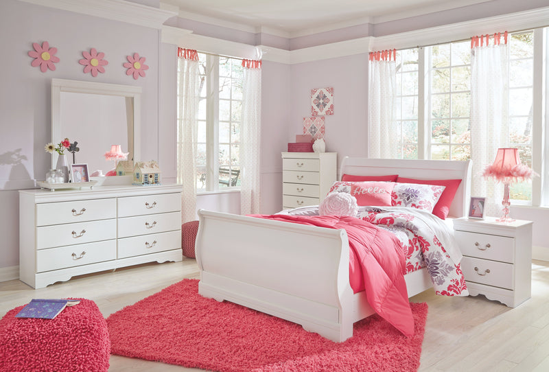 Anarasia Full Sleigh Bed with Mirrored Dresser, Chest and 2 Nightstands in White from Ashley - Lara Furniture