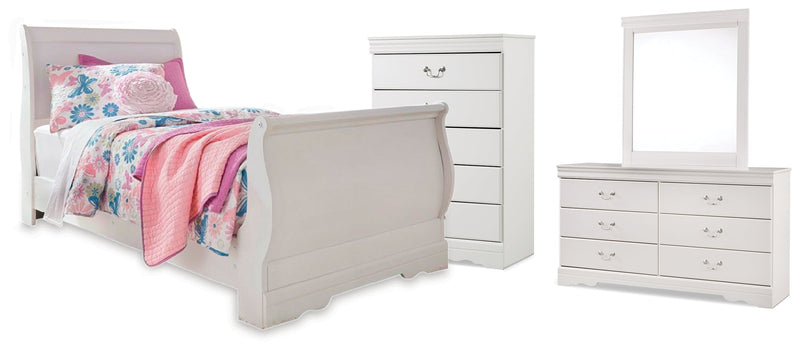 Anarasia Twin Sleigh Bed with Mirrored Dresser and Chest in White from Ashley - Lara Furniture