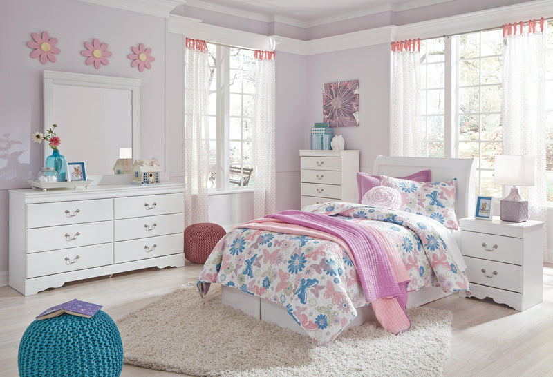 Anarasia Twin Sleigh Headboard, Dresser, Mirror and Chest in White - PKG002556
