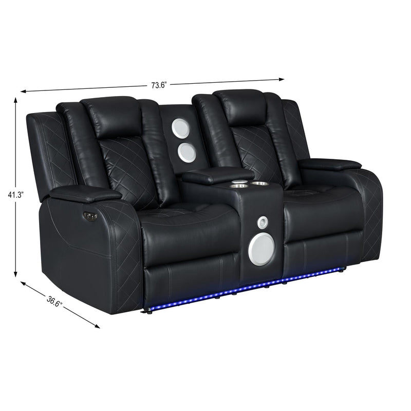 Annabella - Black Power Recliner Loveseat with Power Headrest, Storage Console, Bluetooth Speaker, Subwoofer Storage Armrest, Tube LED, USB TYPE C, Zero Gravity - L690-L