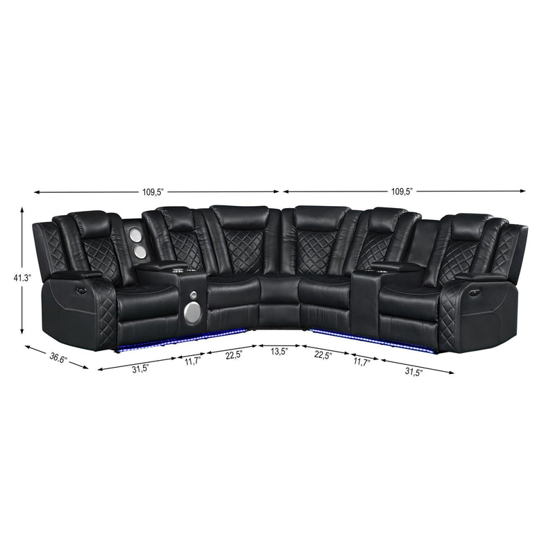 Annabella - Black Power Recliner Sectional with Power Headrest, Storage Console, Bluetooth Speaker, Subwoofer, Power Source, SS Cup Holder, USB Switch, Storage Armrest and LED - S444-Sectional