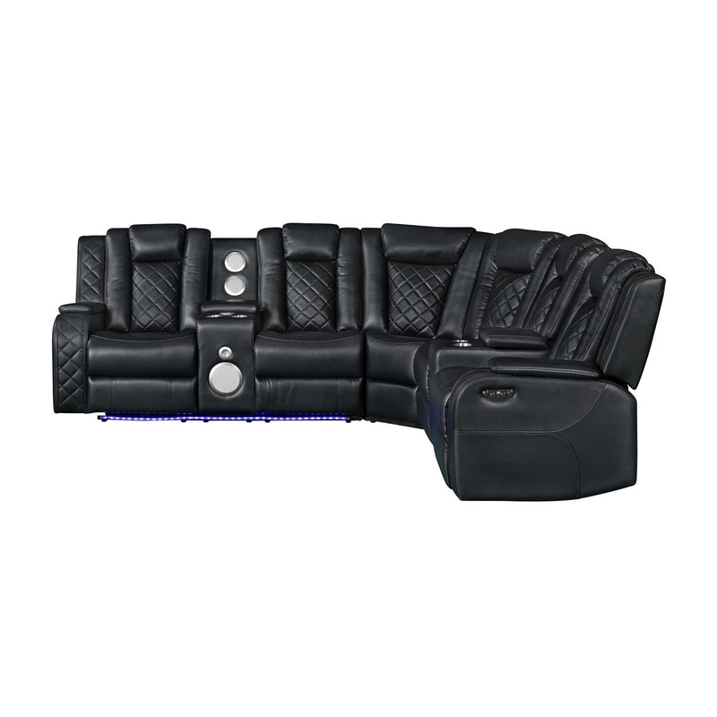 Annabella - Black Power Recliner Sectional with Power Headrest, Storage Console, Bluetooth Speaker, Subwoofer, Power Source, SS Cup Holder, USB Switch, Storage Armrest and LED - S444-Sectional