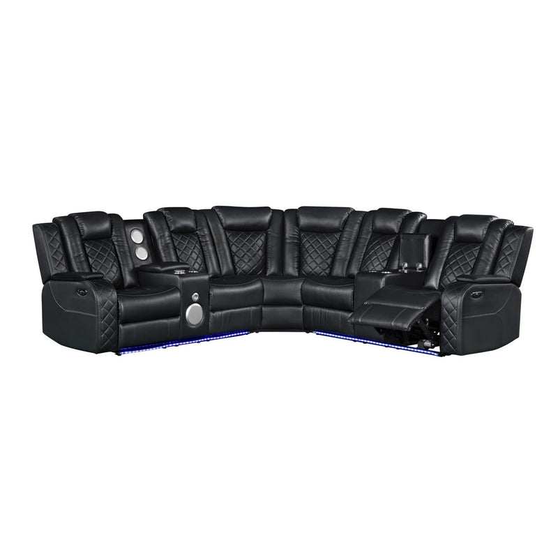 Annabella - Black Power Recliner Sectional with Power Headrest, Storage Console, Bluetooth Speaker, Subwoofer, Power Source, SS Cup Holder, USB Switch, Storage Armrest and LED - S444-Sectional