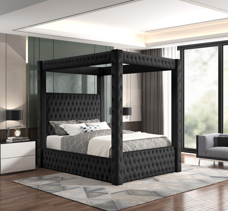 Annabelle Black Velvet Queen Canopy Bed - Lara FurnitureQueen Bed