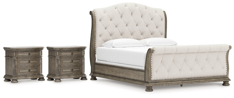 Ardenfield California King Upholstered Sleigh Bed with 2 Nightstands in Light Brown from Ashley - Lara Furniture