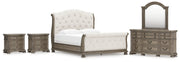 Ardenfield California King Upholstered Sleigh Bed with Mirrored Dresser and 2 Nightstands in Light Brown from Ashley - Lara Furniture