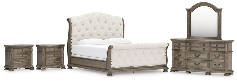 Ardenfield California King Upholstered Sleigh Bed with Mirrored Dresser and 2 Nightstands in Light Brown from Ashley - Lara Furniture