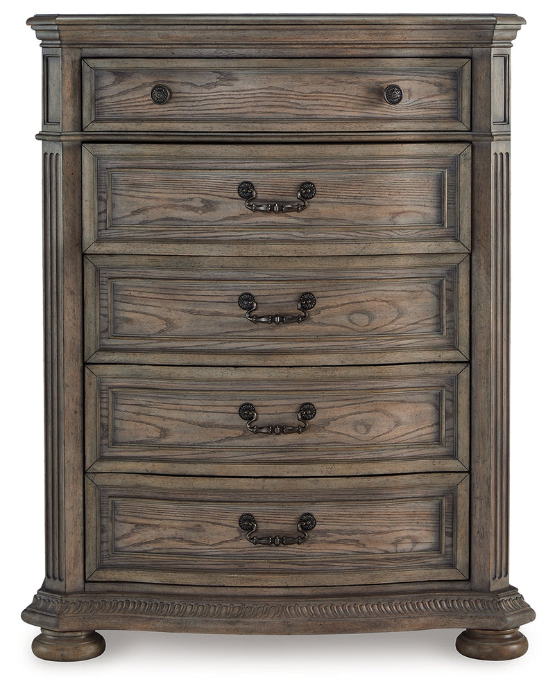 Ardenfield California King Upholstered Sleigh Bed with Mirrored Dresser and Chest in Light Brown from Ashley - Lara Furniture