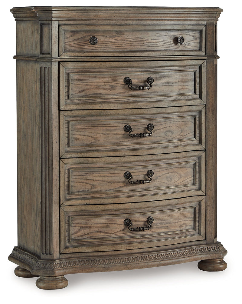 Ardenfield California King Upholstered Sleigh Bed with Mirrored Dresser and Chest in Light Brown from Ashley - Lara Furniture