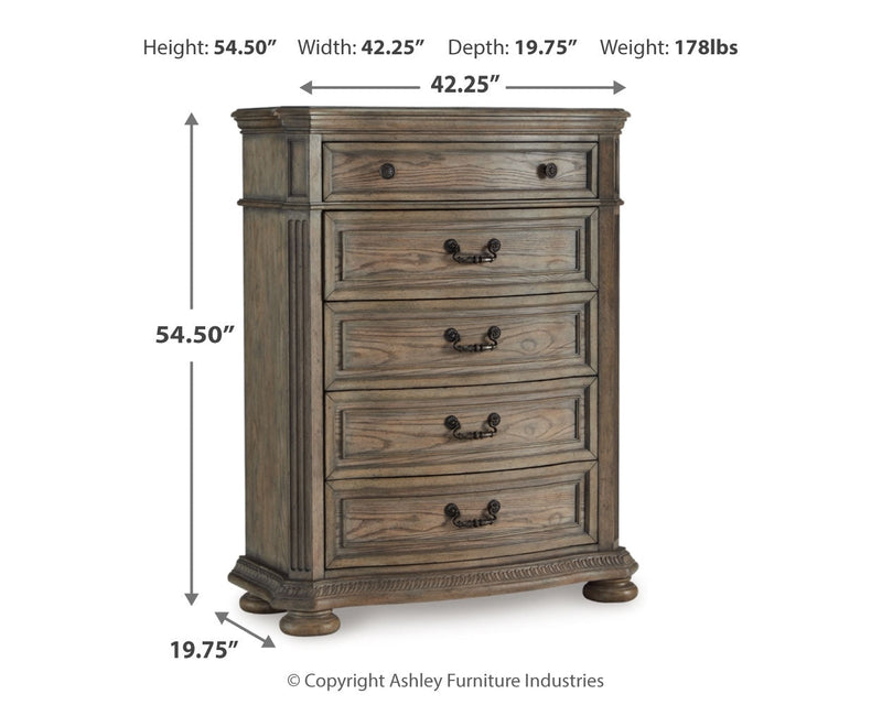 Ardenfield California King Upholstered Sleigh Bed with Mirrored Dresser and Chest in Light Brown from Ashley - Lara Furniture